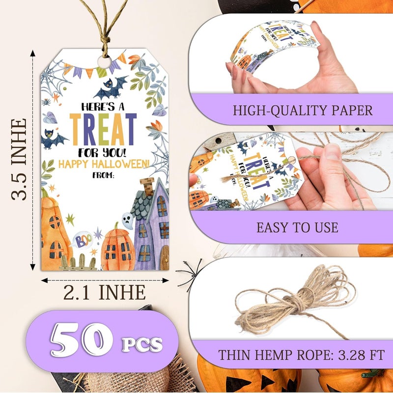 RPLCSPC Halloween Paper Gift Tags with String-50Pcs, Here's A Treat for You Happy Halloween Tags for Goodie Bags, 2 x 3.5 Inch Writable Waterproof Hanging Labels for Decor Party Supplies, Gift Wrapping-B07 - Image 2